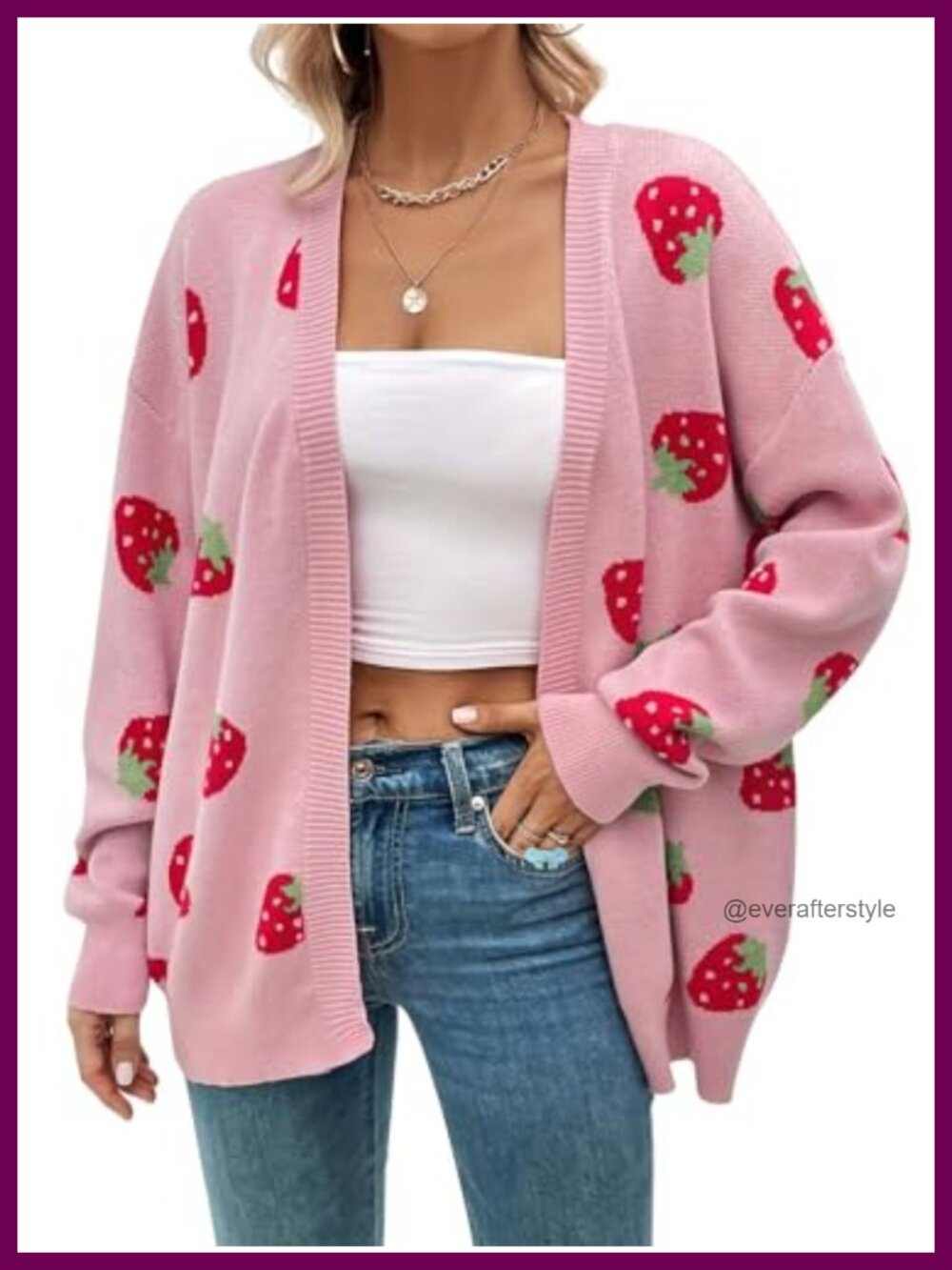 Kawaii Strawberry Knit Long Sleeve Open Front Slouchy Cardigan